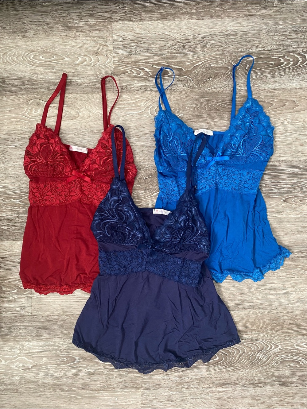 Lace-Trim Lingerie Tops - Red, Royal Blue, Navy